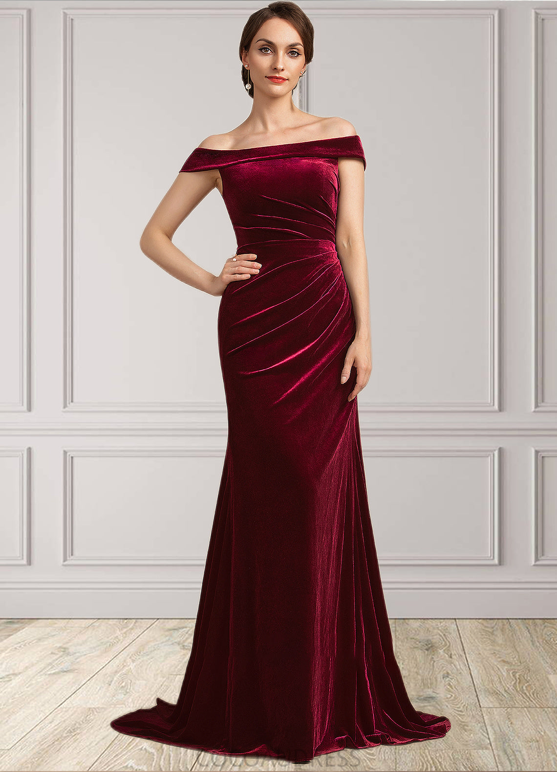 Leia Trumpet/Mermaid Off-the-Shoulder Sweep Train Velvet Mother of the Bride Dress With Ruffle 126P0014988