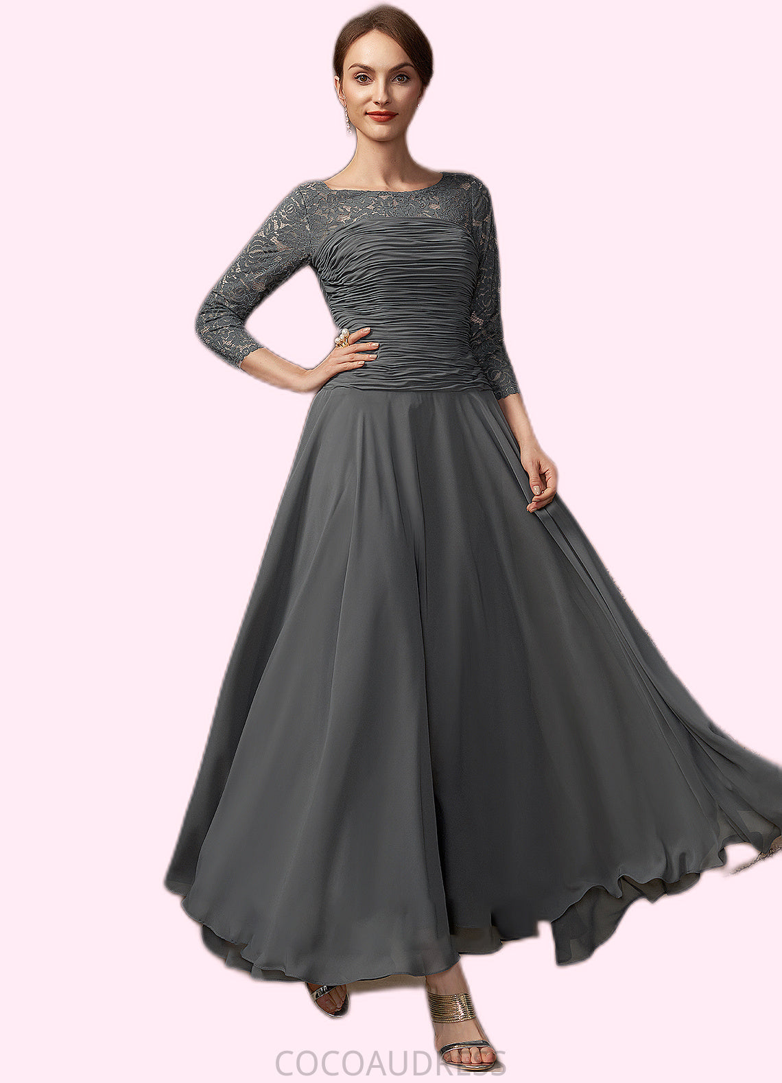 Aurora A-Line Scoop Neck Ankle-Length Chiffon Lace Mother of the Bride Dress With Ruffle 126P0014990