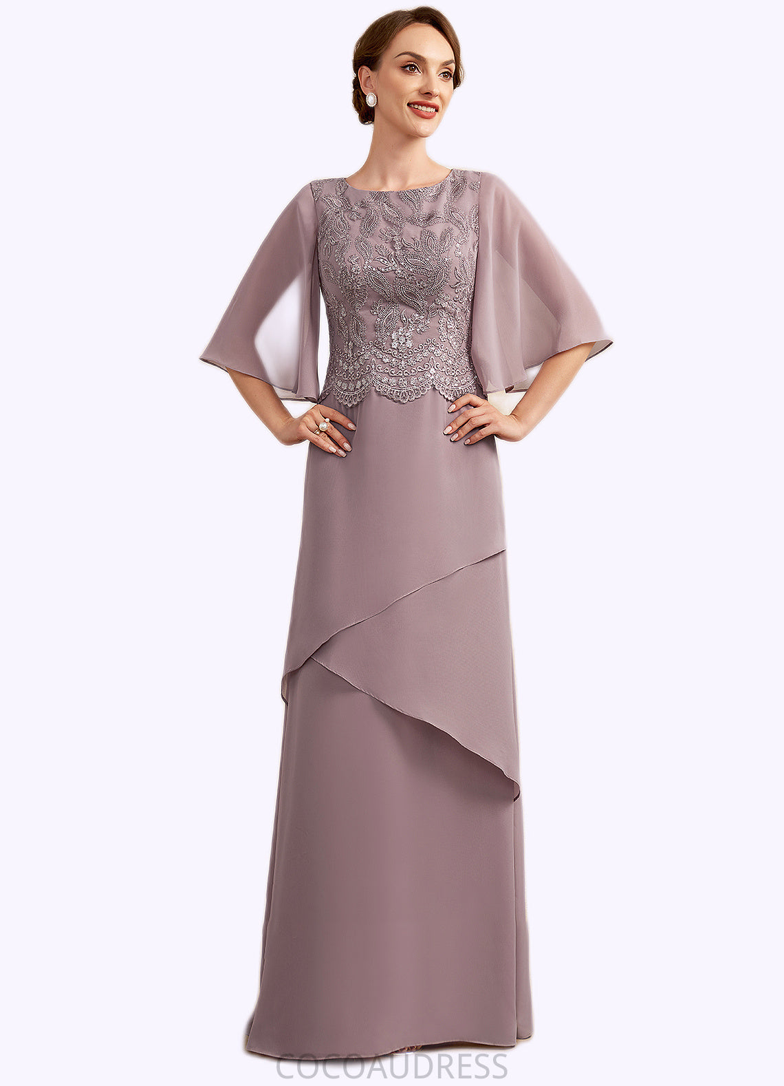 Celeste A-Line Scoop Neck Floor-Length Chiffon Lace Mother of the Bride Dress With Sequins Cascading Ruffles 126P0014991