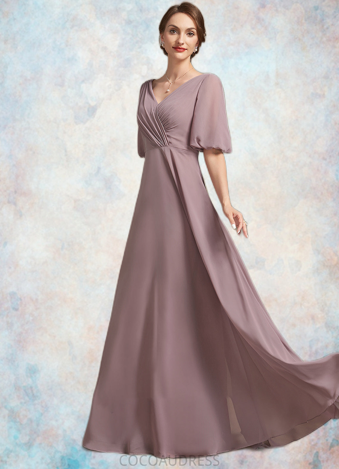 Ruby A-Line V-neck Floor-Length Chiffon Mother of the Bride Dress With Ruffle 126P0014992