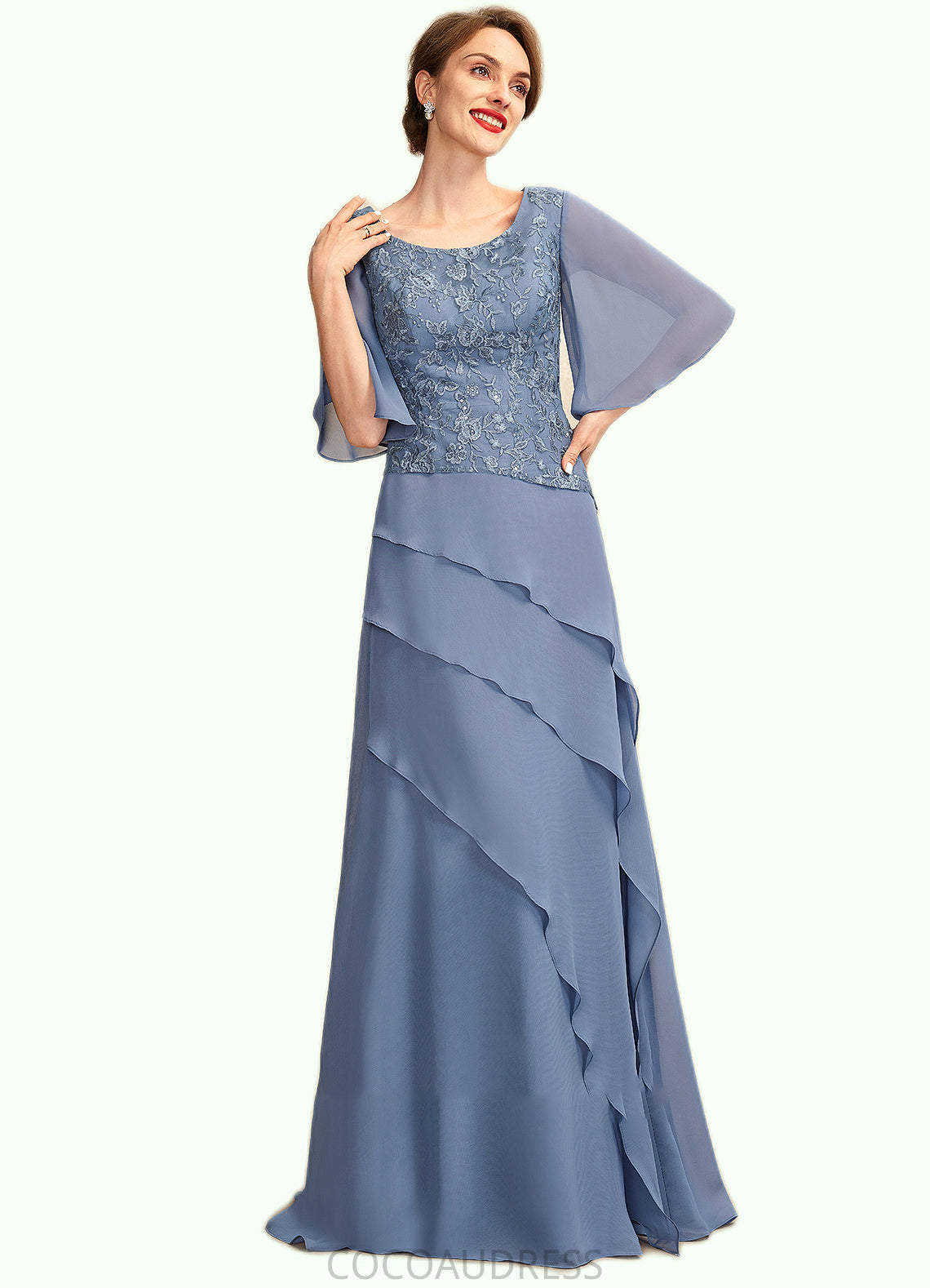Anya A-Line Scoop Neck Floor-Length Chiffon Lace Mother of the Bride Dress With Sequins Cascading Ruffles 126P0014997