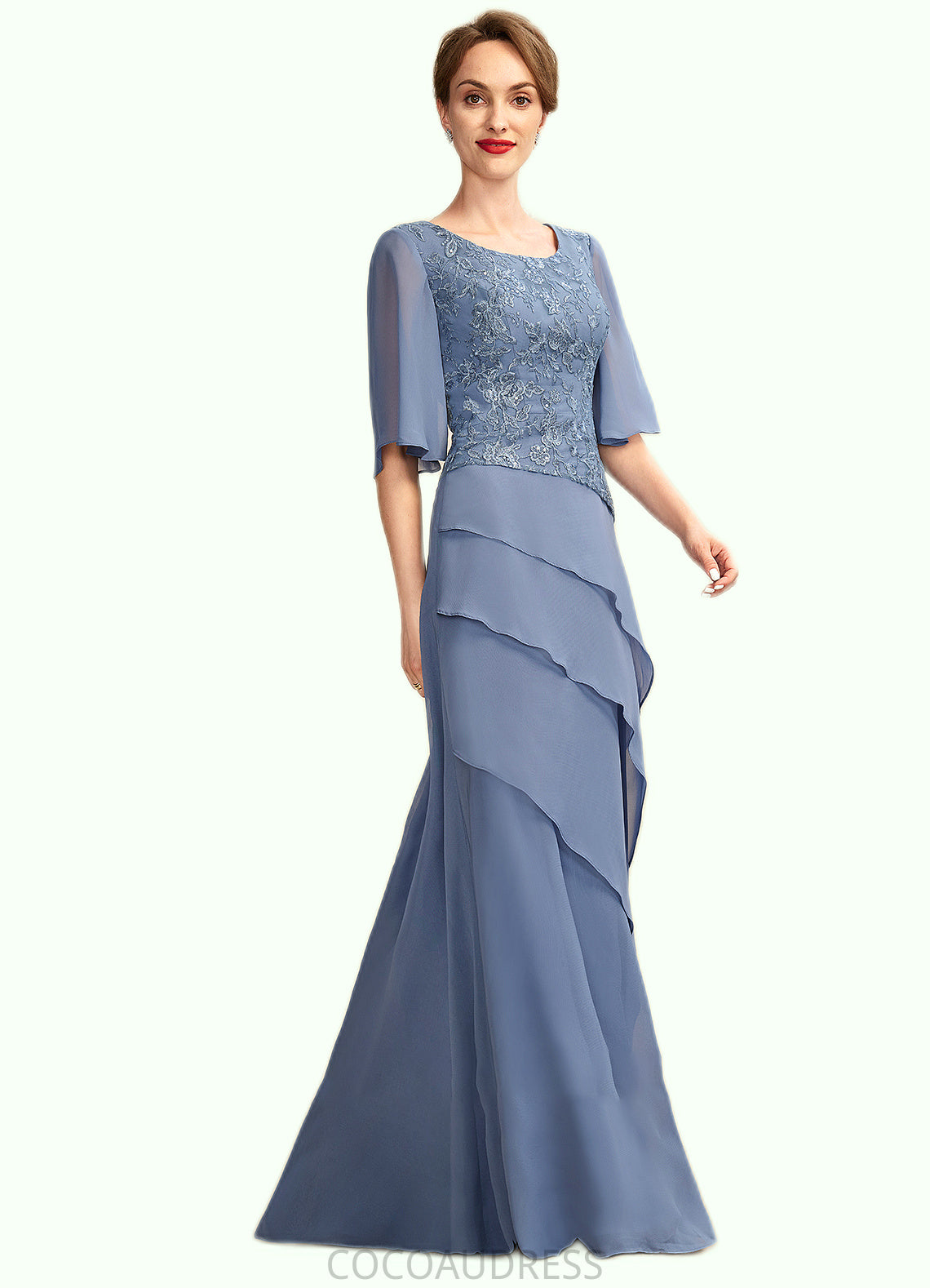 Anya A-Line Scoop Neck Floor-Length Chiffon Lace Mother of the Bride Dress With Sequins Cascading Ruffles 126P0014997