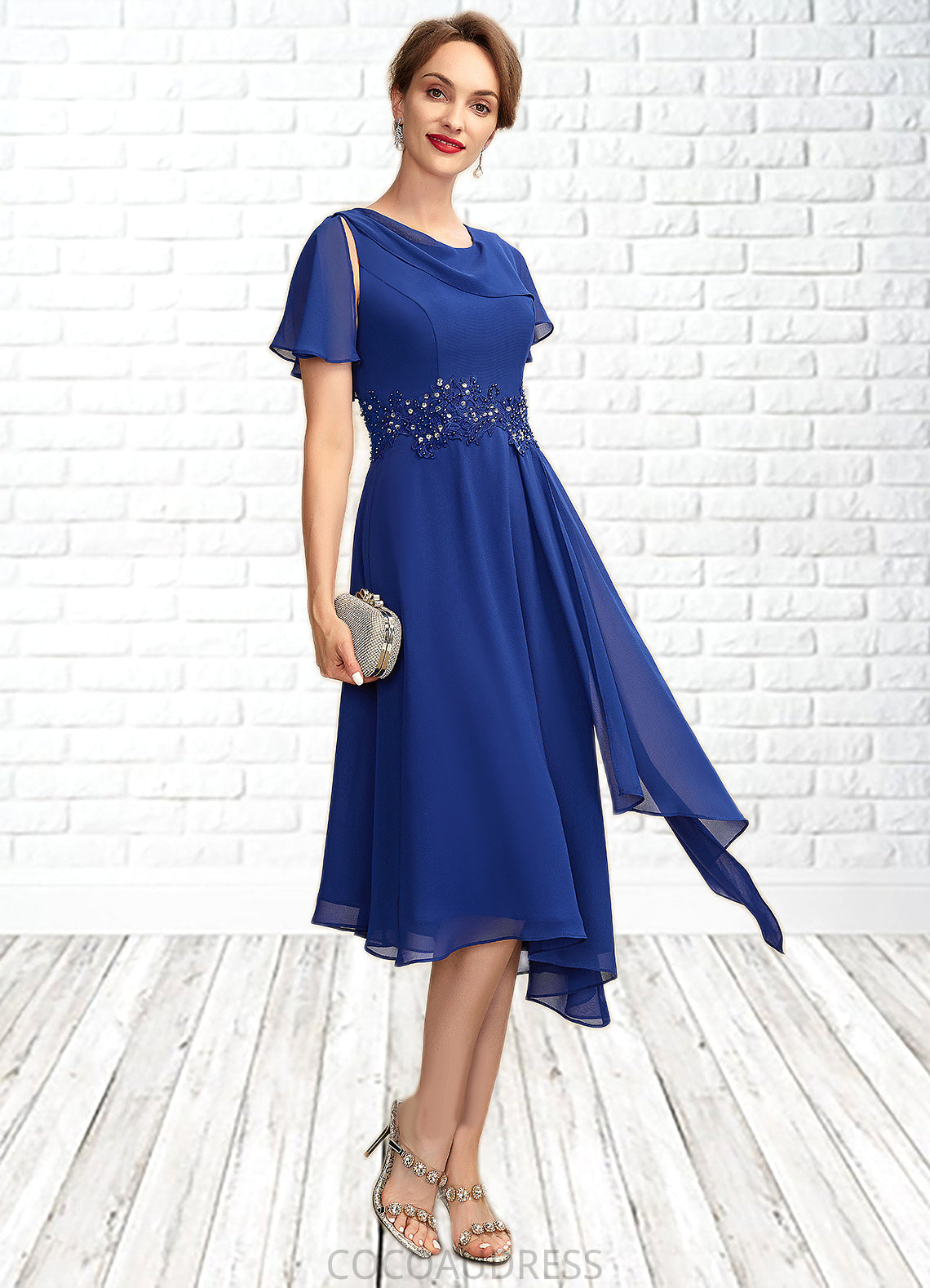 Anna A-Line Scoop Neck Asymmetrical Chiffon Mother of the Bride Dress With Beading Appliques Lace Cascading Ruffles 126P0014998