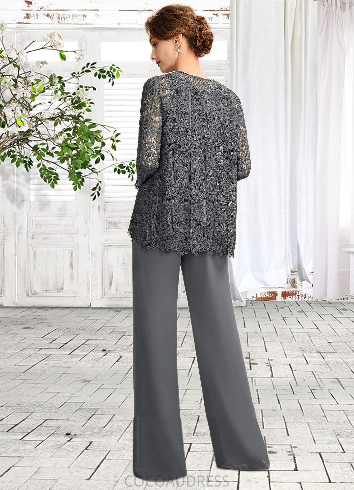 Patti Jumpsuit/Pantsuit Scoop Neck Floor-Length Chiffon Lace Mother of the Bride Dress 126P0015006