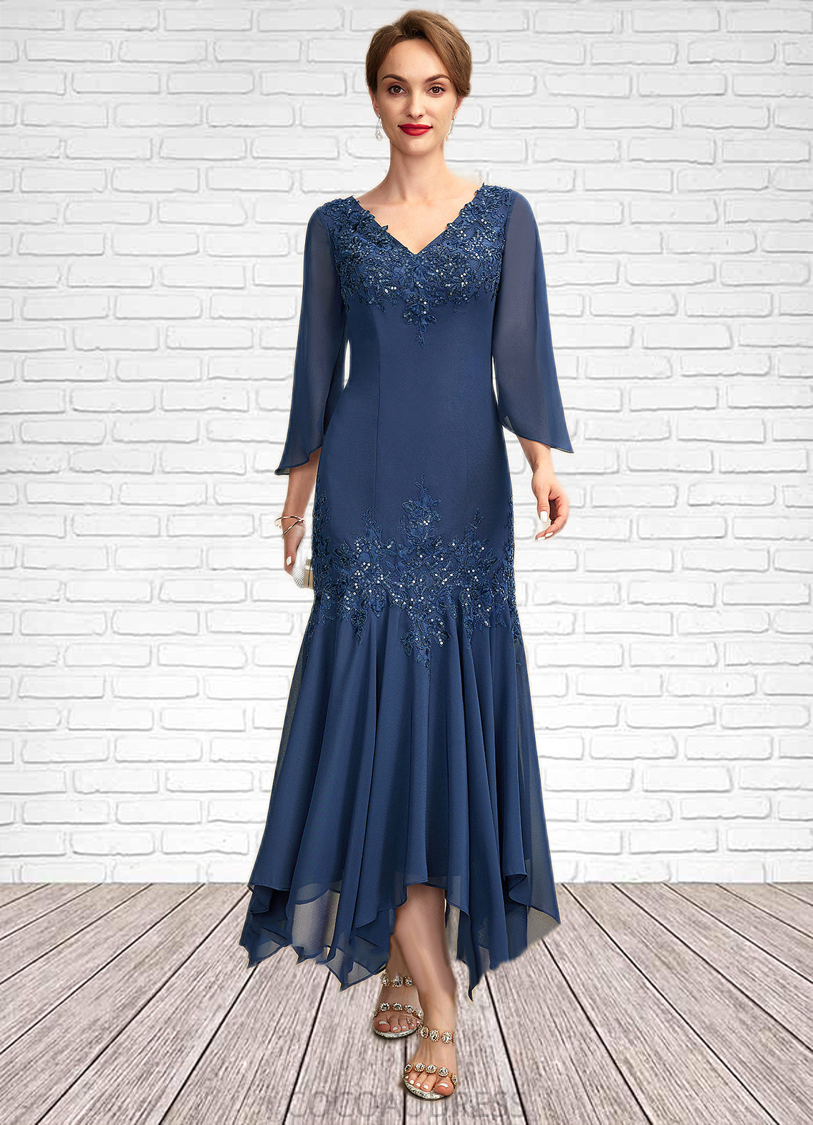 Autumn Trumpet/Mermaid V-neck Ankle-Length Chiffon Mother of the Bride Dress With Appliques Lace Sequins 126P0015009