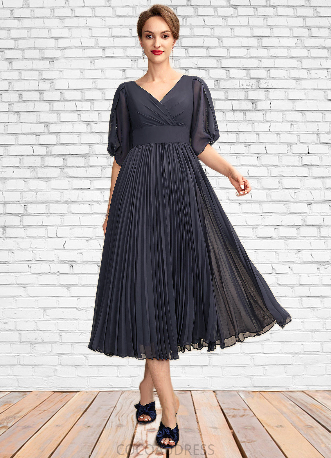 Layla A-Line V-neck Tea-Length Chiffon Mother of the Bride Dress With Pleated 126P0015012