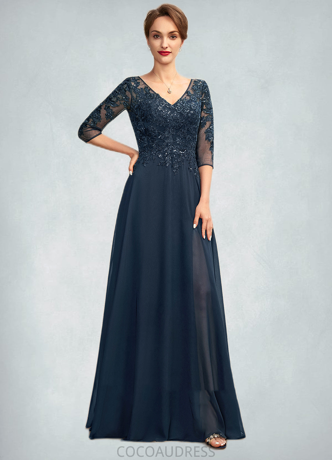 Paisley A-Line V-neck Floor-Length Chiffon Lace Mother of the Bride Dress With Sequins Split Front 126P0015014
