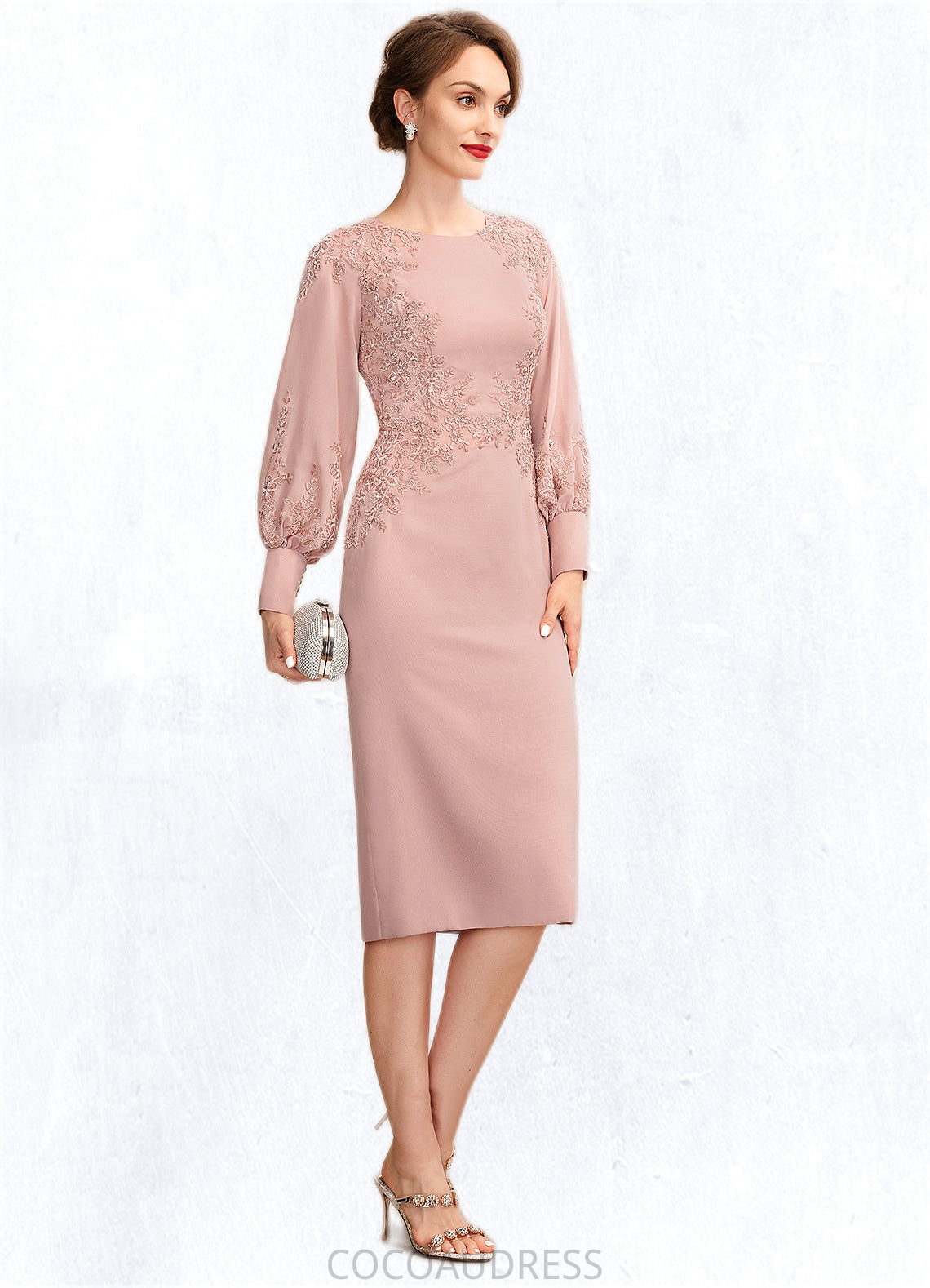 Autumn Sheath/Column Scoop Neck Knee-Length Chiffon Lace Mother of the Bride Dress With Beading Sequins 126P0015020