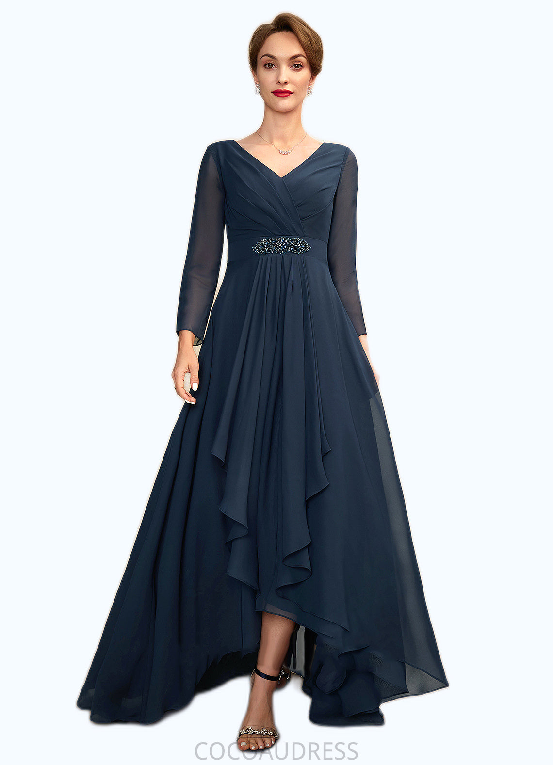 Laci A-Line V-neck Asymmetrical Chiffon Mother of the Bride Dress With Ruffle Beading Bow(s) 126P0015021
