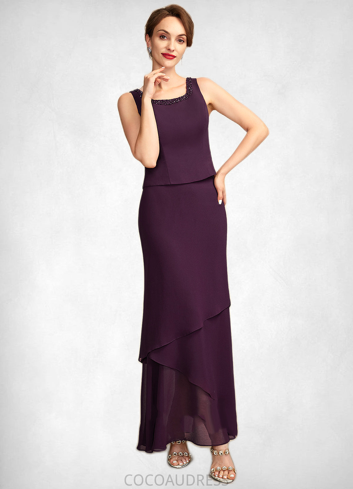 Sharon Sheath/Column Scoop Neck Ankle-Length Chiffon Mother of the Bride Dress With Beading Sequins 126P0015024