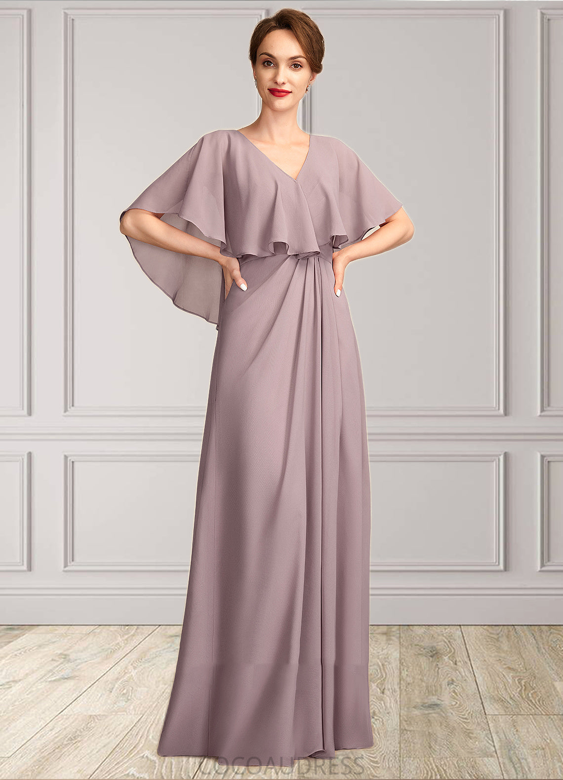 Ellie A-Line V-neck Floor-Length Chiffon Mother of the Bride Dress With Ruffle 126P0015026