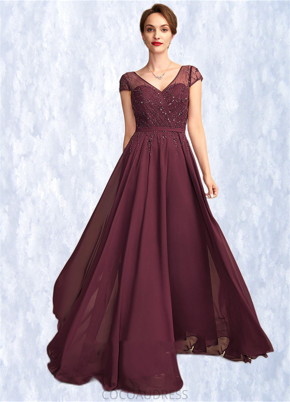 Giuliana A-Line V-neck Floor-Length Chiffon Mother of the Bride Dress With Beading Sequins 126P0015028