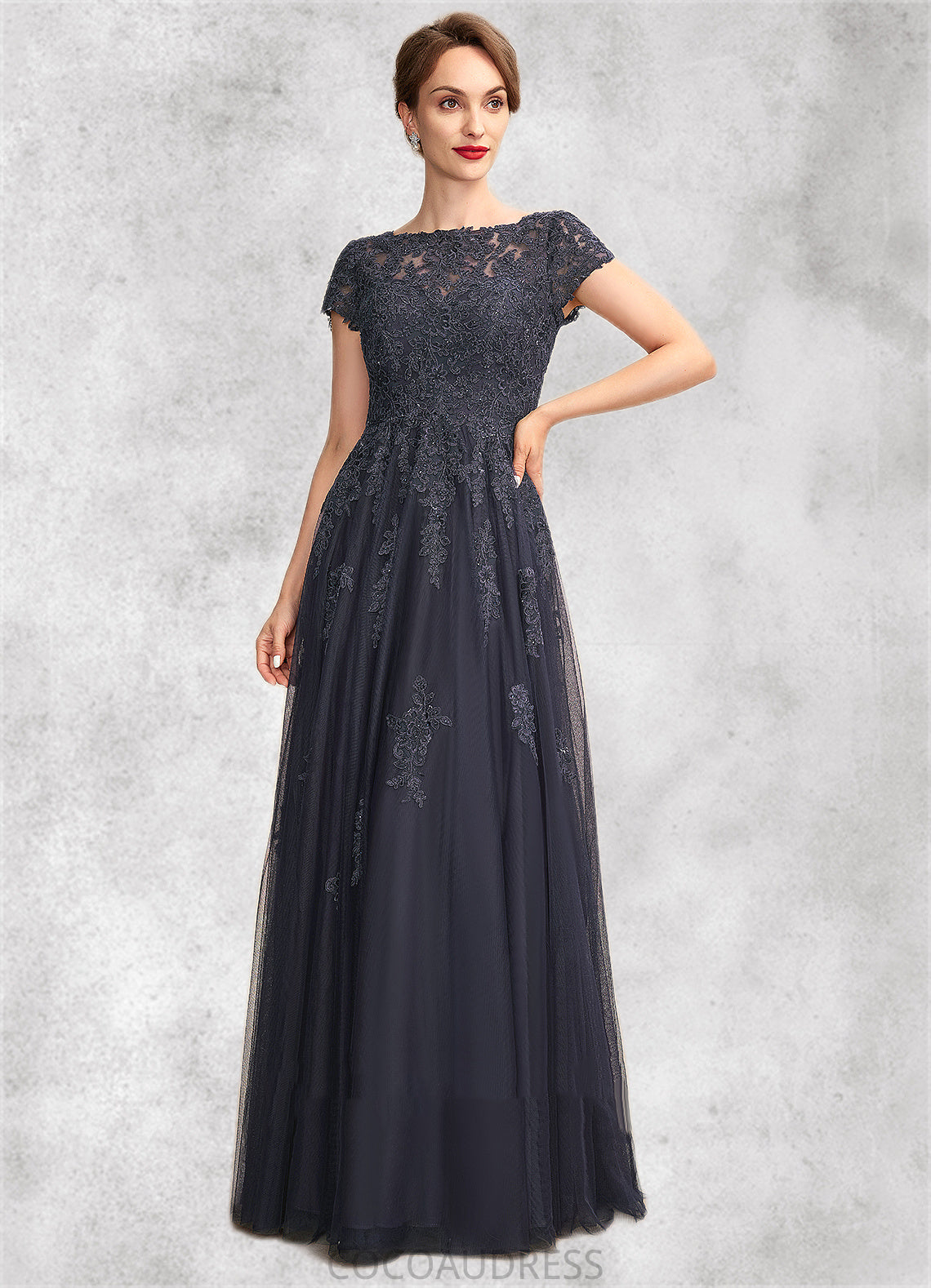 Mabel A-Line Scoop Neck Floor-Length Tulle Lace Mother of the Bride Dress With Beading 126P0015029
