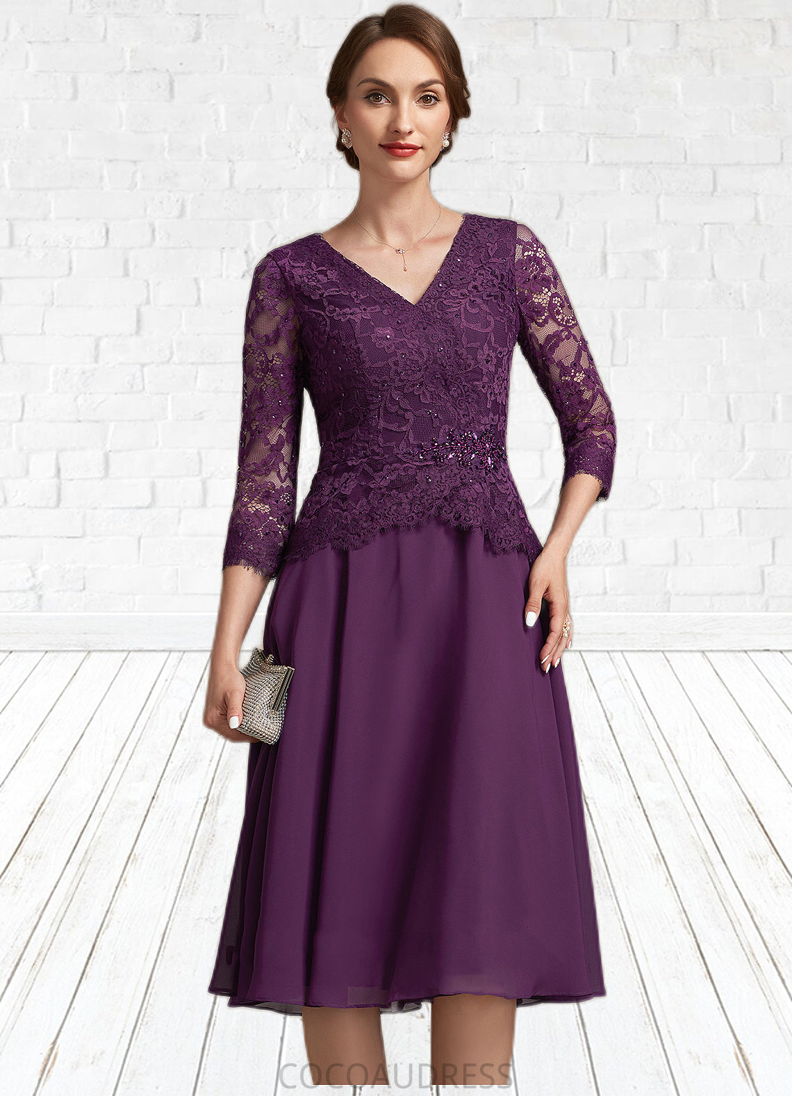 Jamie A-Line V-neck Knee-Length Chiffon Lace Mother of the Bride Dress With Beading Sequins 126P0015035