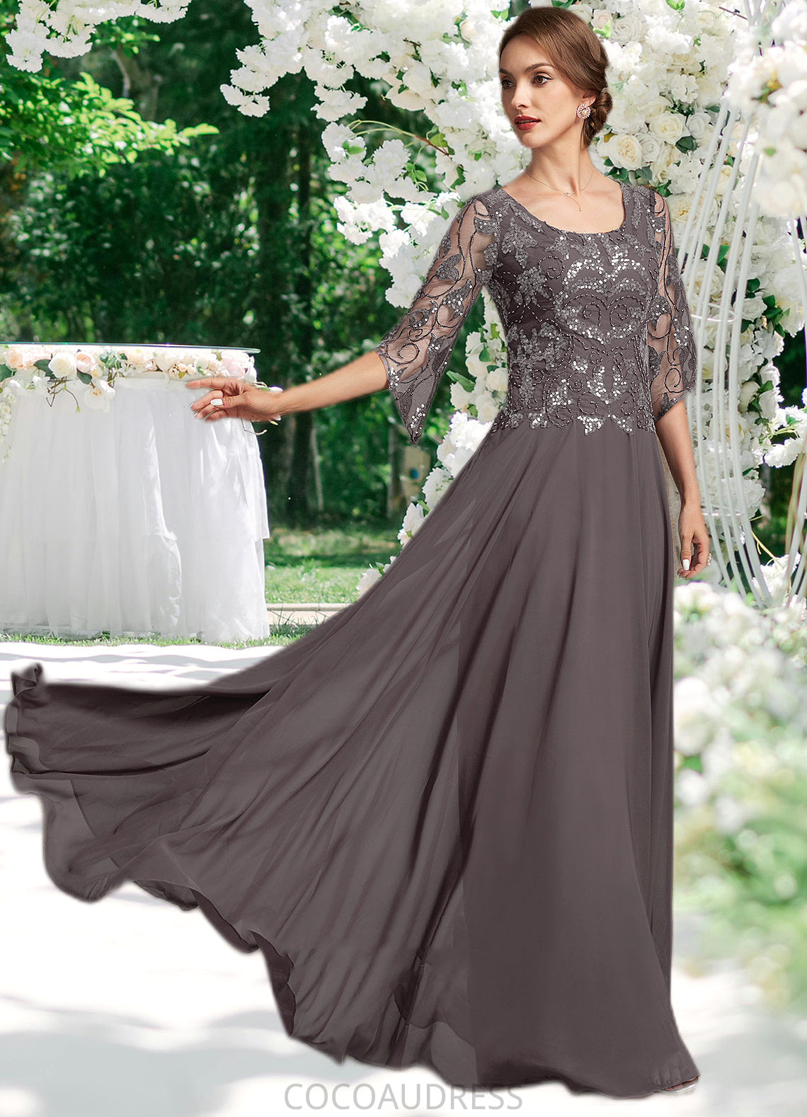 Violet A-Line Scoop Neck Floor-Length Chiffon Lace Mother of the Bride Dress With Beading Sequins 126P0015036