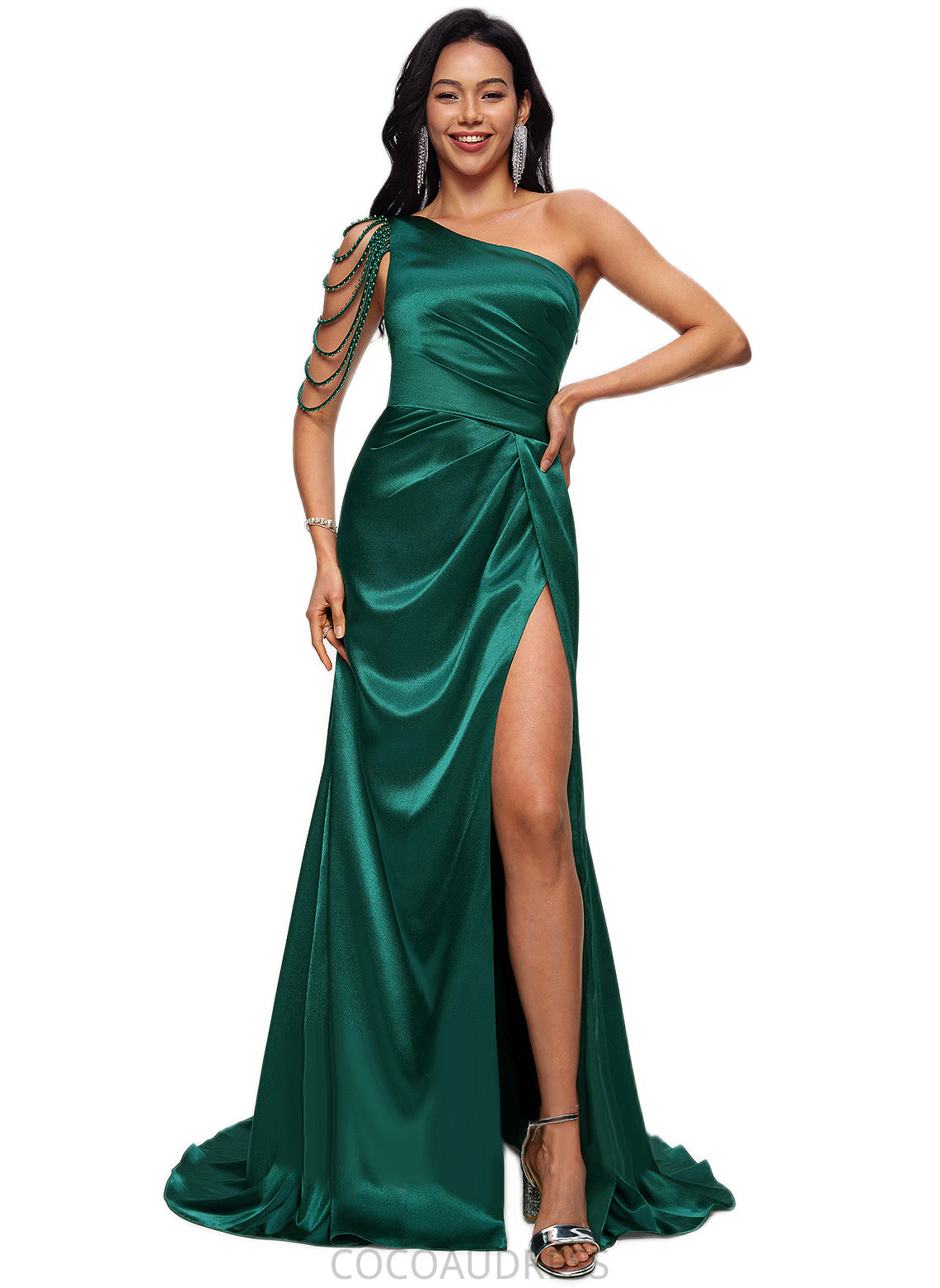 Joyce Trumpet/Mermaid One Shoulder Sweep Train Stretch Satin Prom Dresses With Beading P0022205