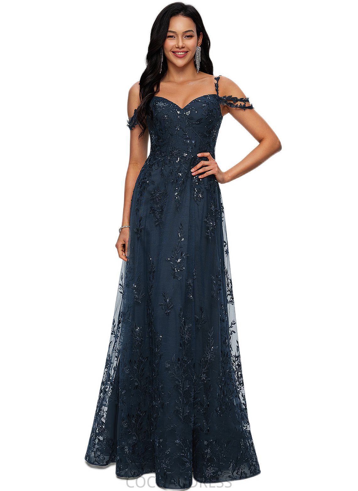 Brylee A-line V-Neck Floor-Length Lace Prom Dresses With Sequins P0022222