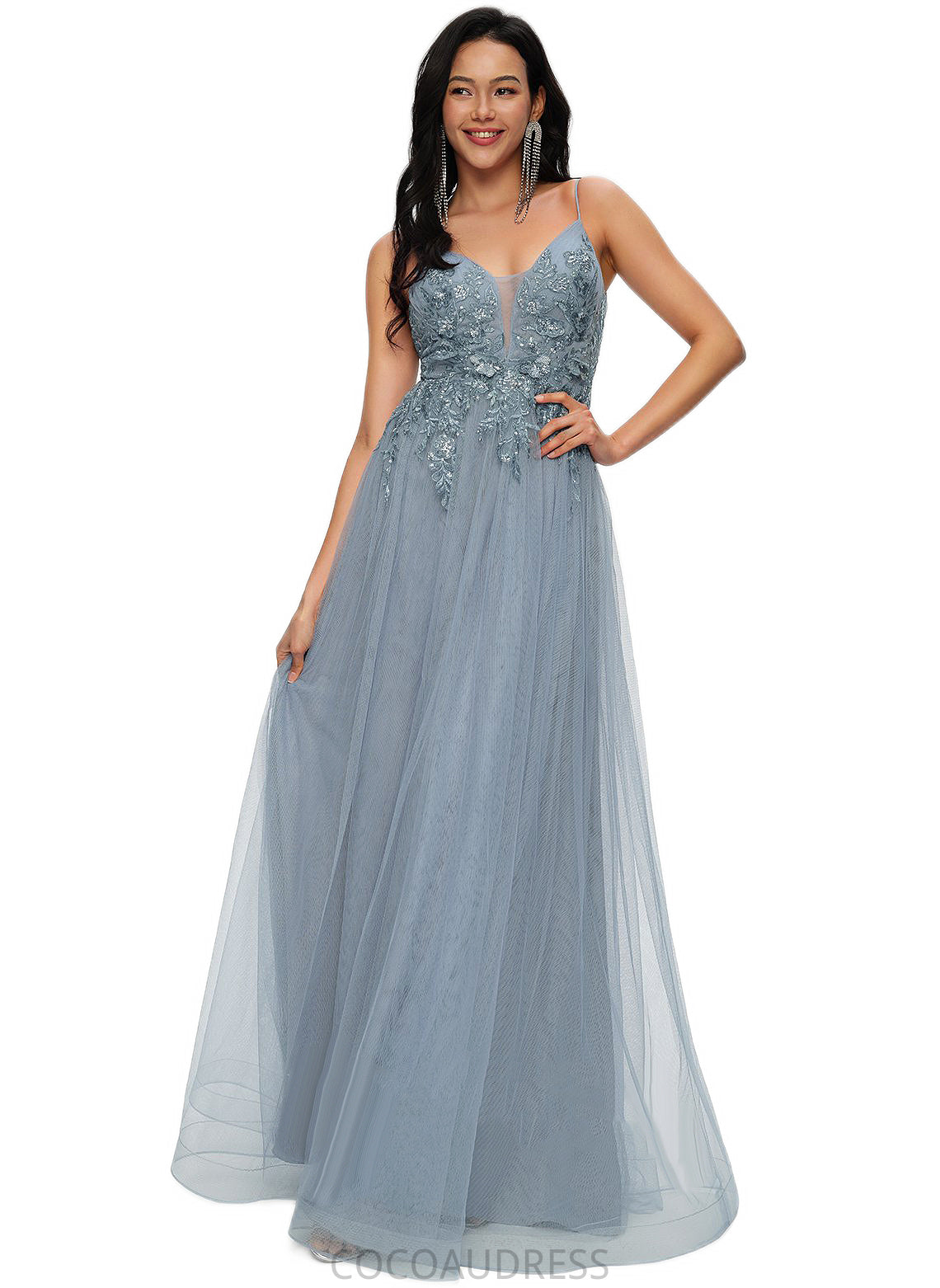 Marina A-line V-Neck Floor-Length Tulle Prom Dresses With Appliques Lace Sequins P0022223