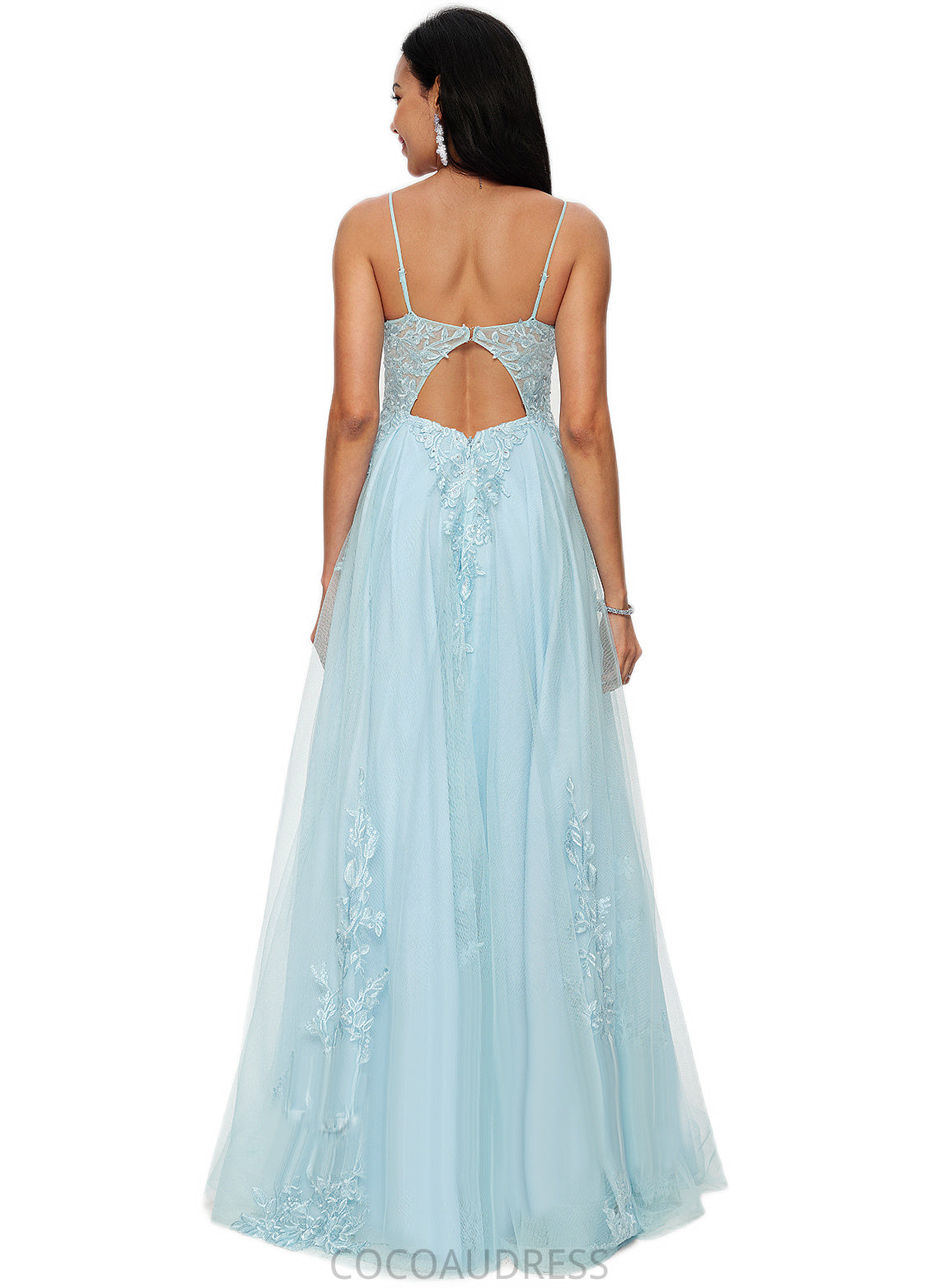 Marlene A-line V-Neck Floor-Length Tulle Prom Dresses With Rhinestone Appliques Lace Sequins P0022225
