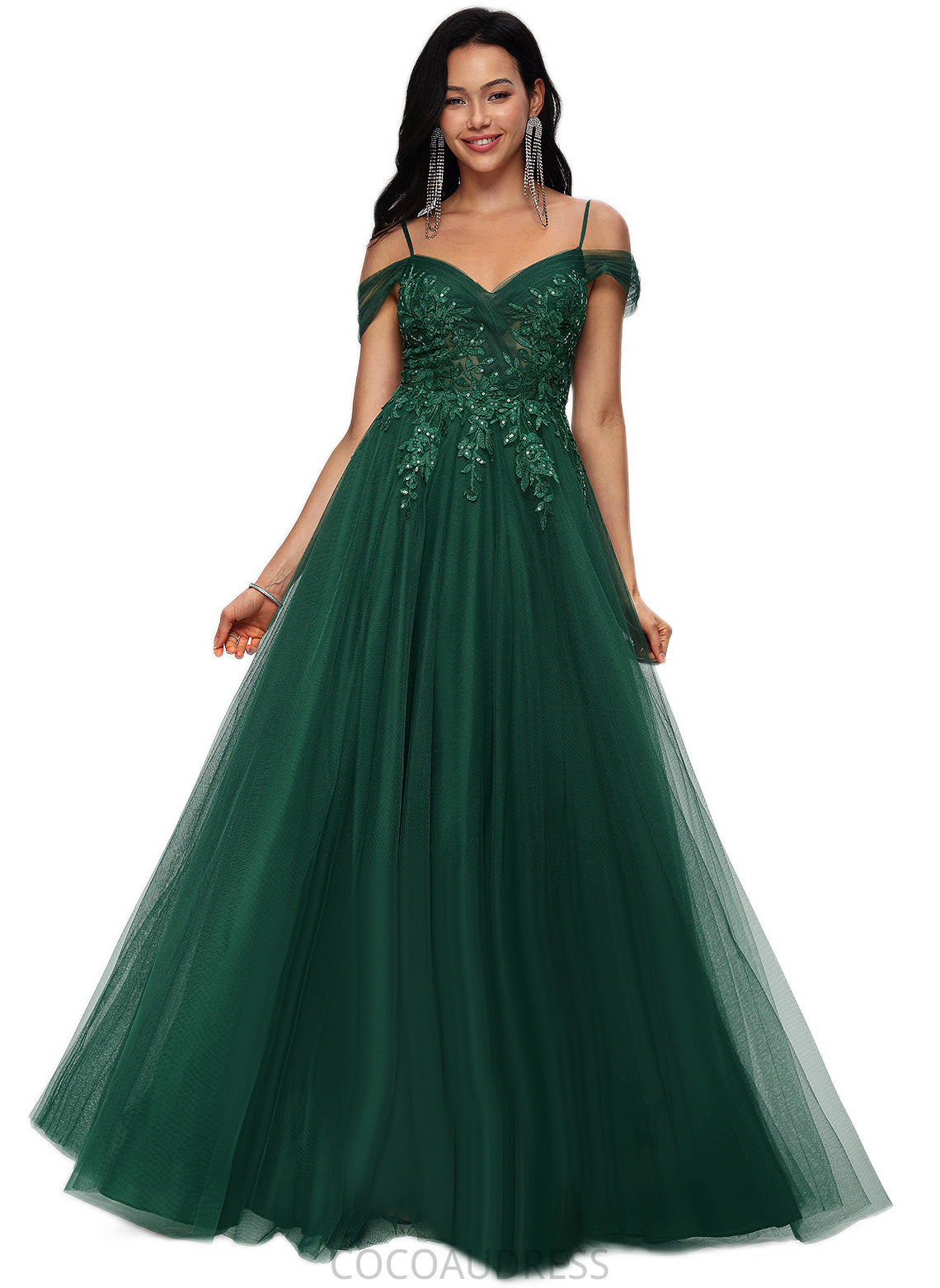 Caitlin A-line Off the Shoulder Floor-Length Tulle Prom Dresses With Appliques Lace Sequins P0022231