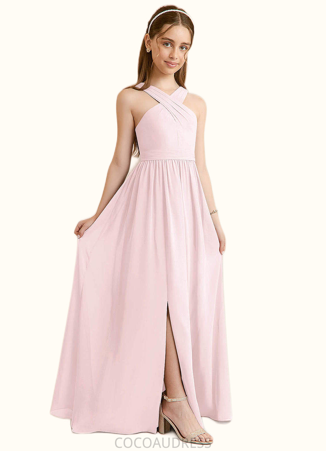 Juliana A-Line Pleated Chiffon Floor-Length Junior Bridesmaid Dress Blushing Pink COAP0022849