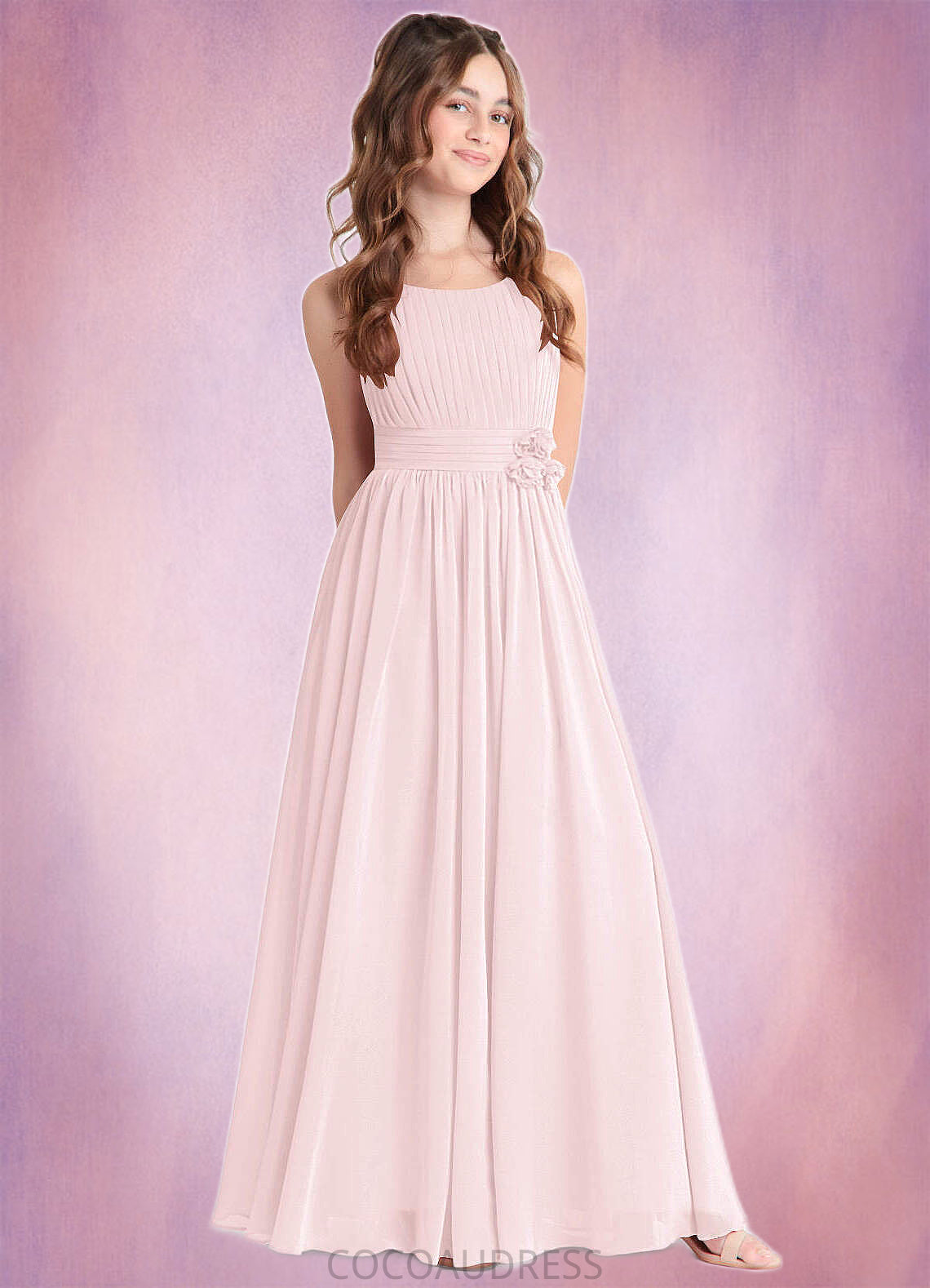 Kaia A-Line Floral Chiffon Floor-Length Junior Bridesmaid Dress Blushing Pink COAP0022851