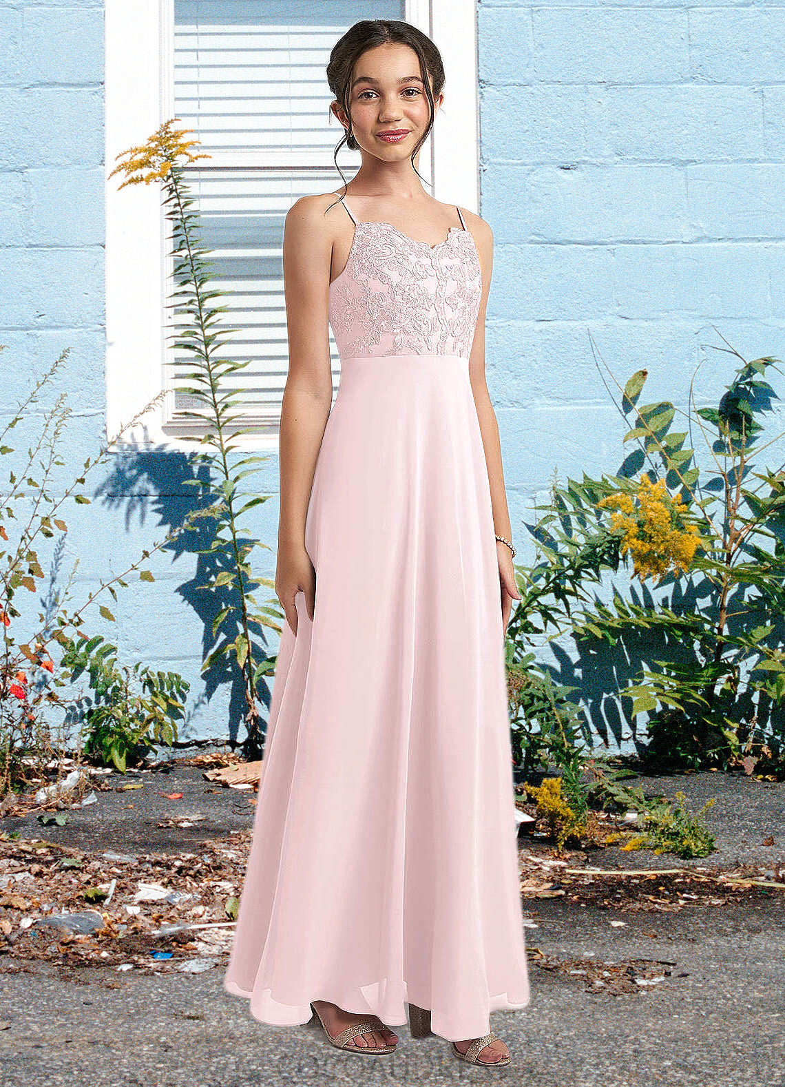 Maud A-Line Lace Chiffon Floor-Length Junior Bridesmaid Dress Blushing Pink COAP0022853