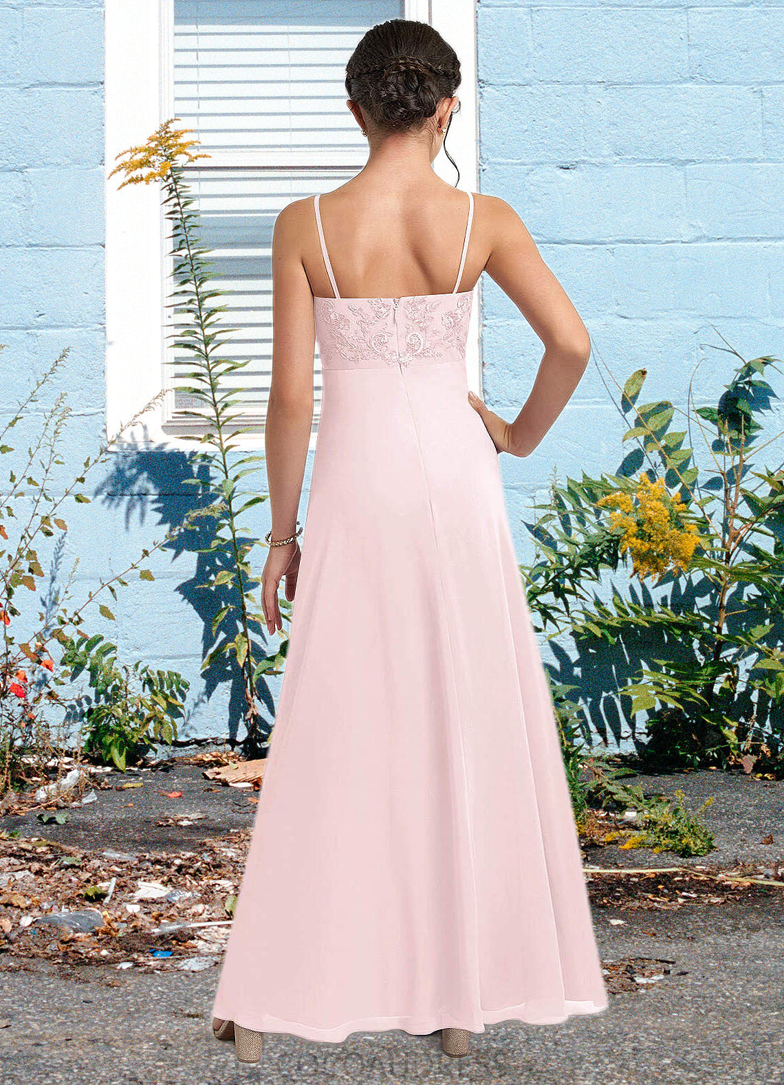 Maud A-Line Lace Chiffon Floor-Length Junior Bridesmaid Dress Blushing Pink COAP0022853
