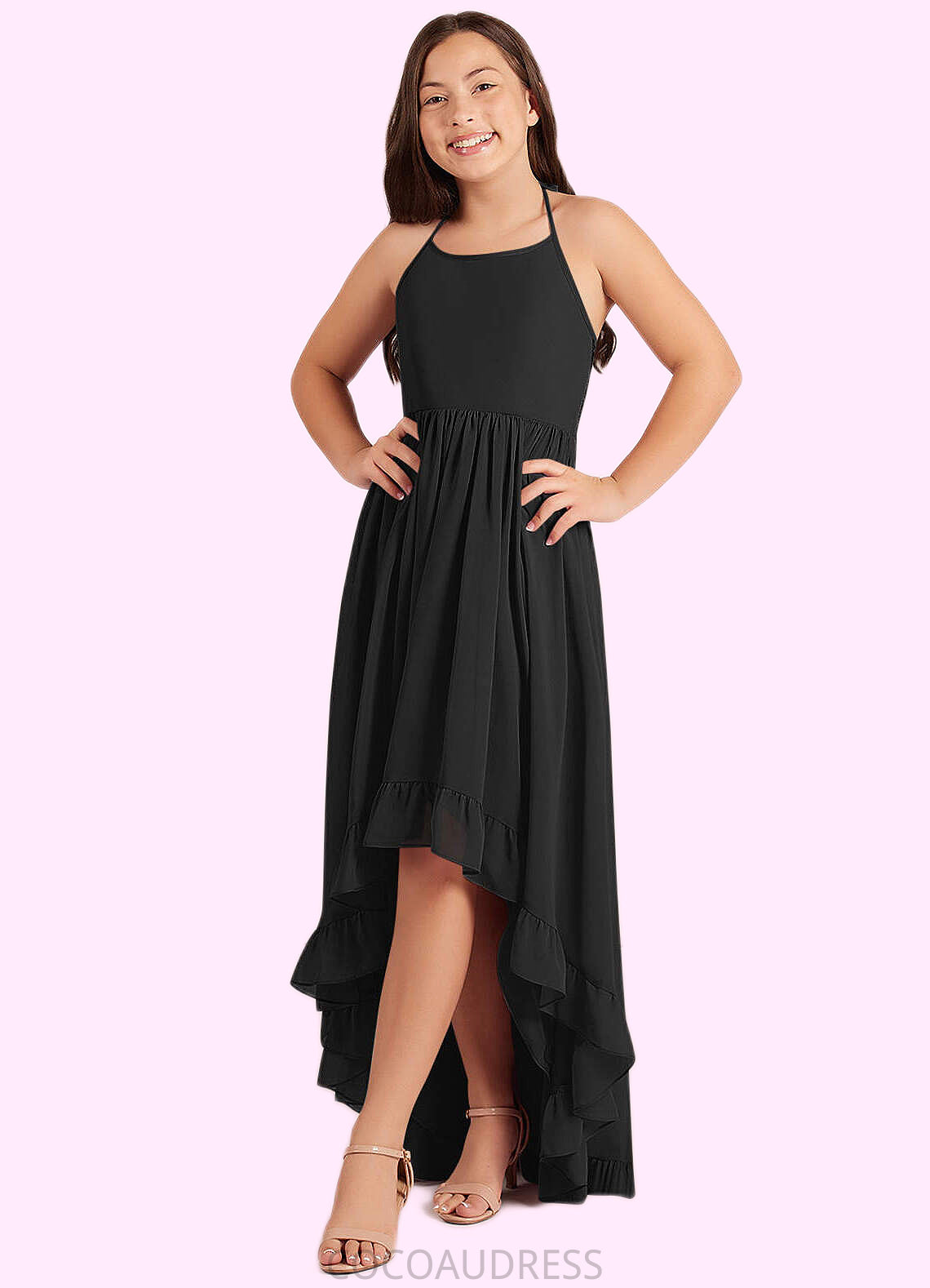 Marisol A-Line Lace Chiffon Asymmetrical Junior Bridesmaid Dress black COAP0022855