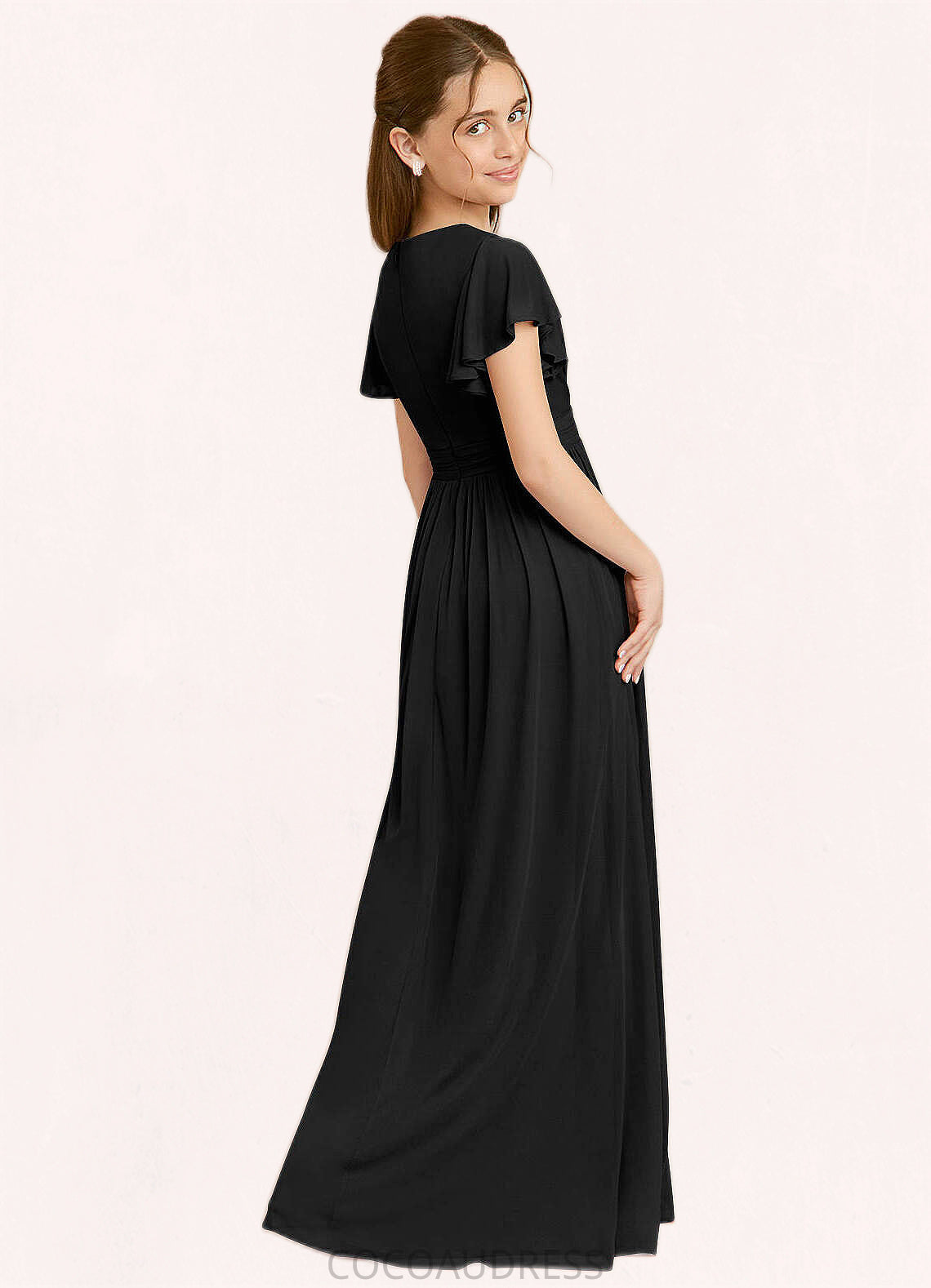 Ellie A-Line Ruched Mesh Floor-Length Junior Bridesmaid Dress black COAP0022857