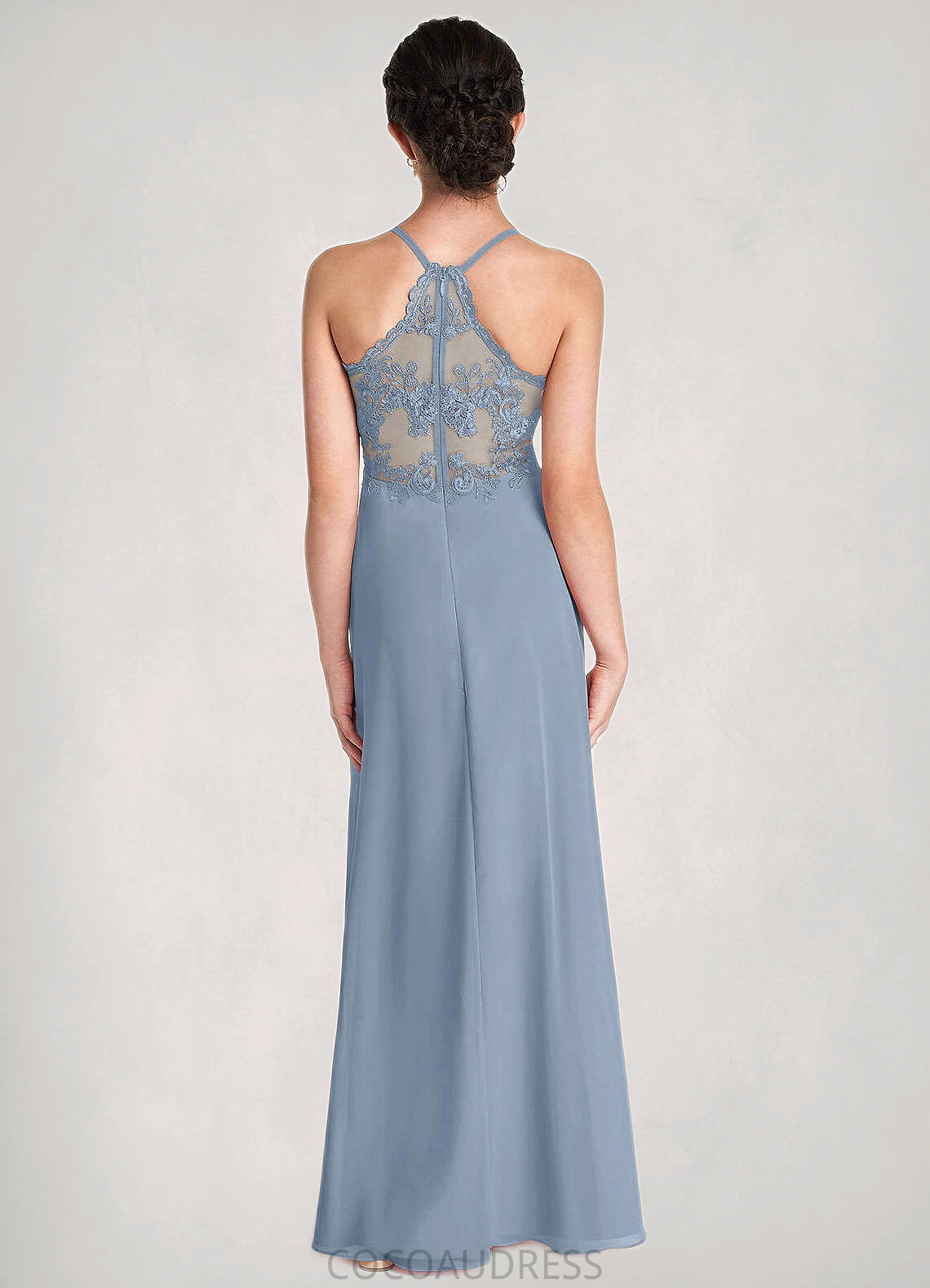 Mya A-Line Lace Chiffon Floor-Length Junior Bridesmaid Dress dusty blue COAP0022860