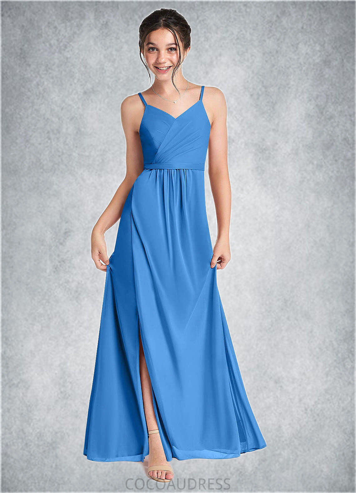 Krystal Pleated Mesh Floor-Length Junior Bridesmaid Dress Blue Jay COAP0022861
