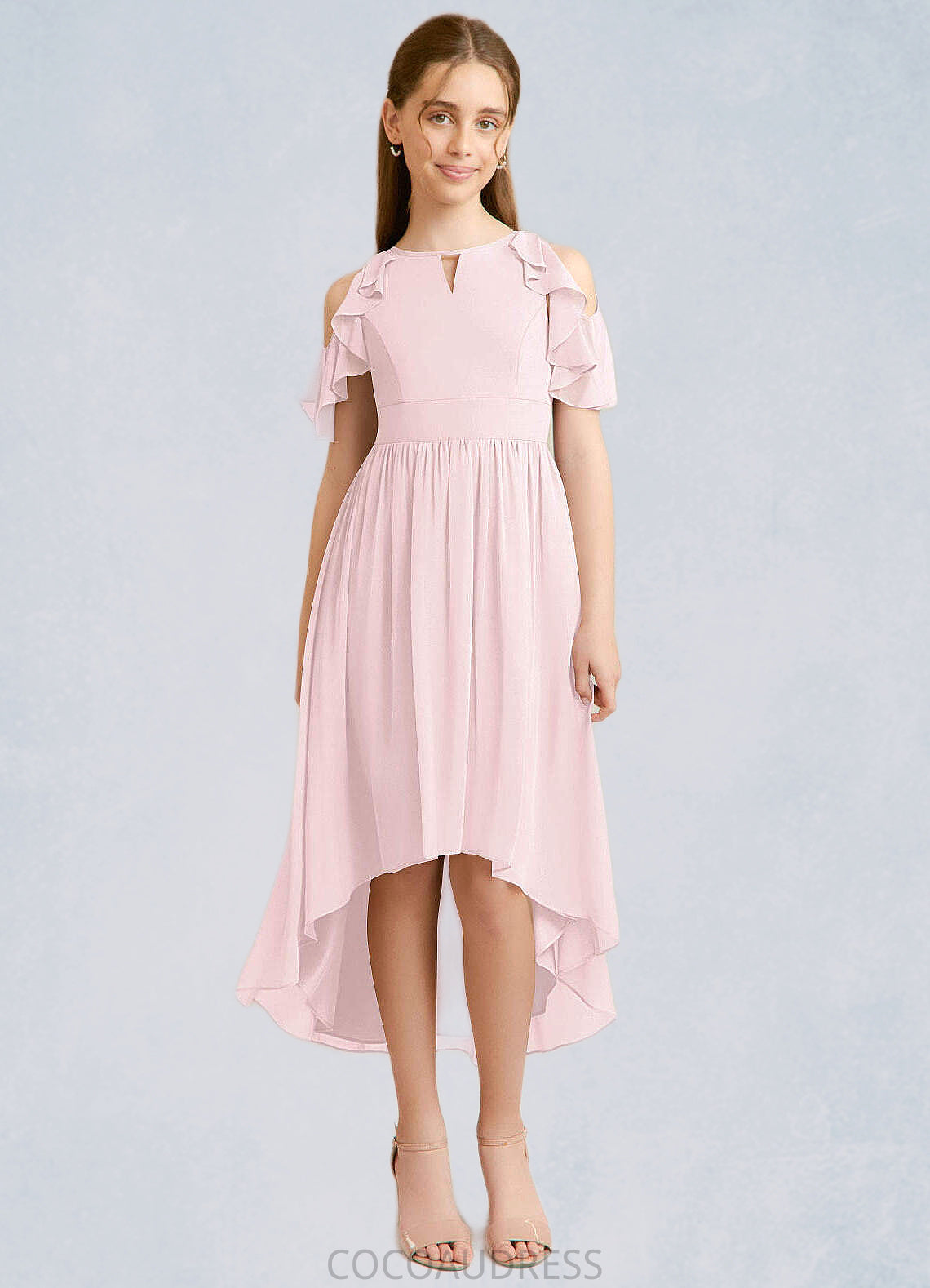 Skyler A-Line Ruched Chiffon Asymmetrical Junior Bridesmaid Dress Blushing Pink COAP0022862