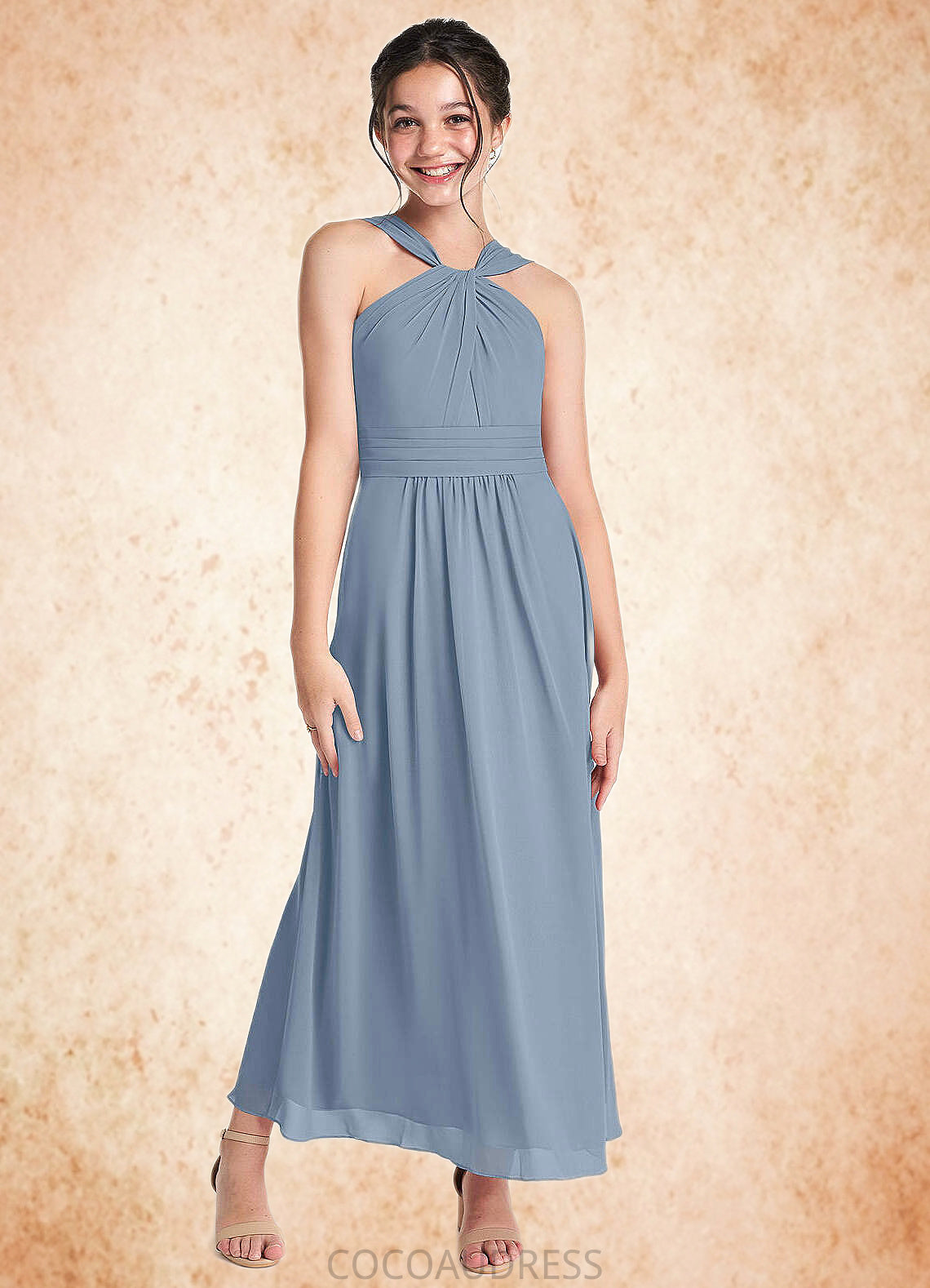 Skyla A-Line Pleated Chiffon Ankle-Length Junior Bridesmaid Dress dusty blue COAP0022866