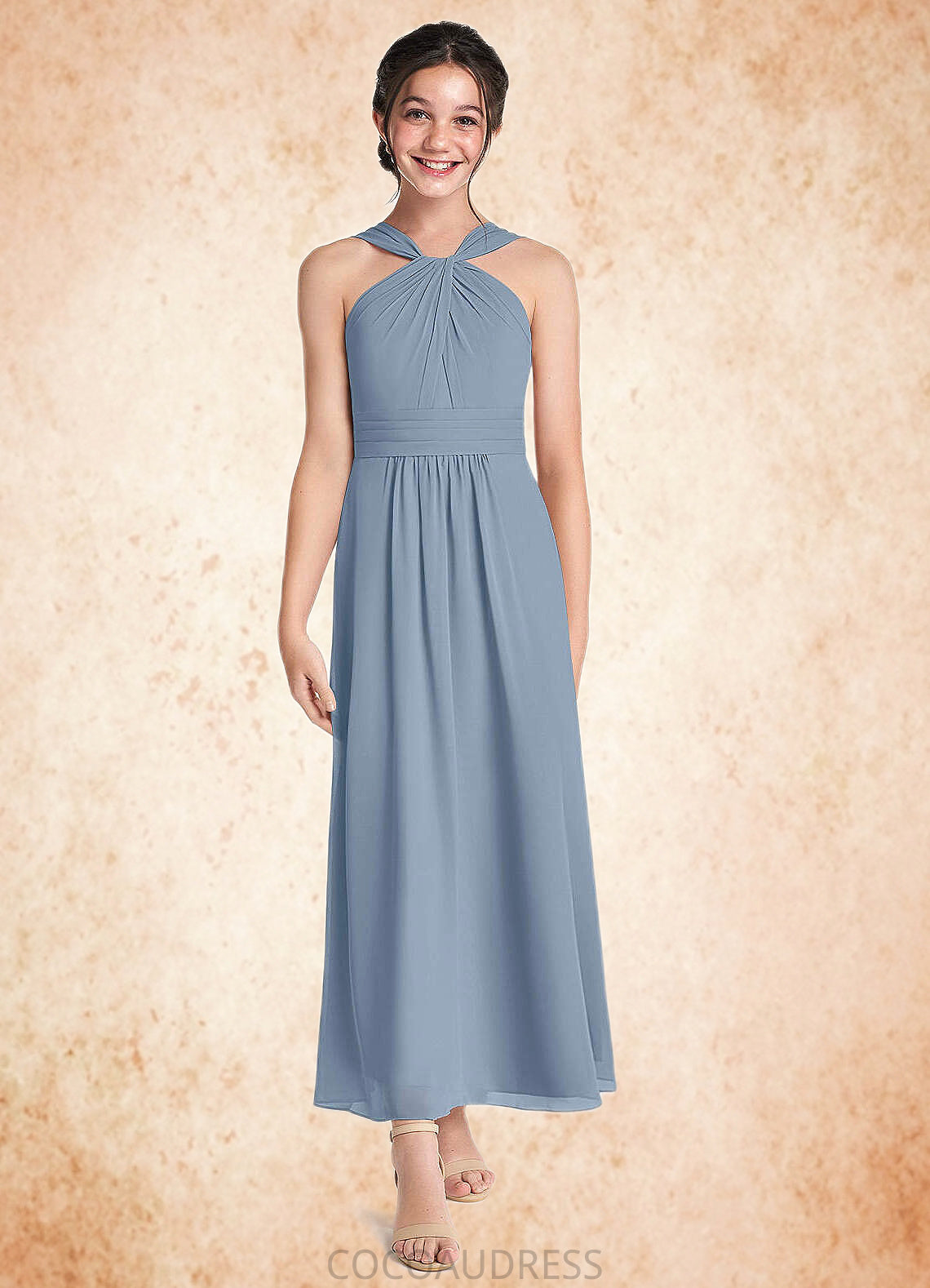 Skyla A-Line Pleated Chiffon Ankle-Length Junior Bridesmaid Dress dusty blue COAP0022866