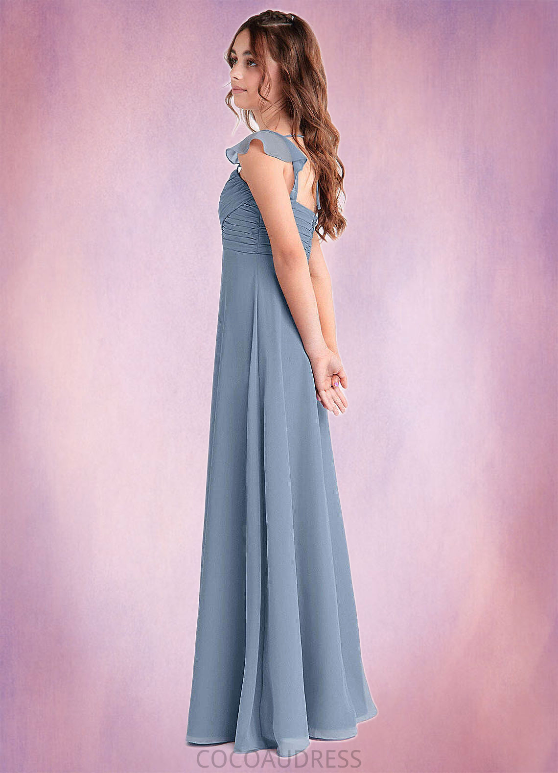 Pearl A-Line Sweetheart Neckline Chiffon Floor-Length Junior Bridesmaid Dress dusty blue COAP0022869