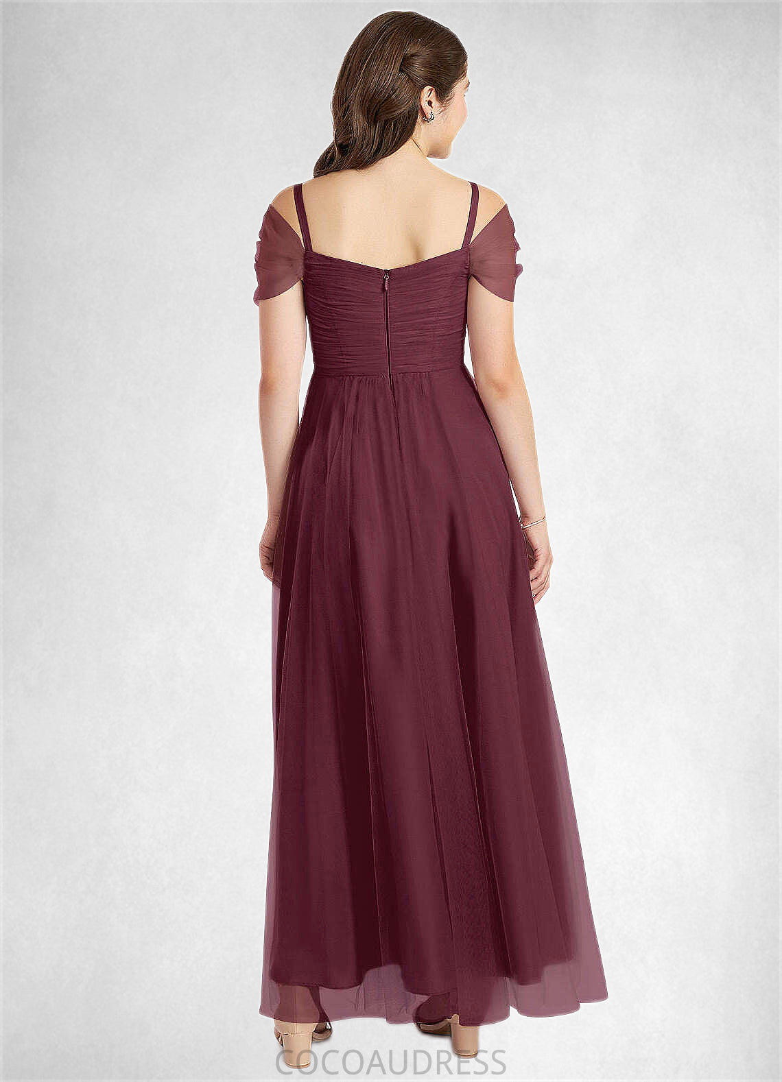 India A-Line Off the Shoulder Tulle Floor-Length Junior Bridesmaid Dress Cabernet COAP0022873