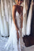 Charming Simple Ivory Lace A Line Court Train Spaghetti Straps Backless Side Slit Beach Wedding Dresses