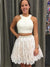 Halter Sleeveless A Line Two Pieces Maria Lace Homecoming Dresses Short White