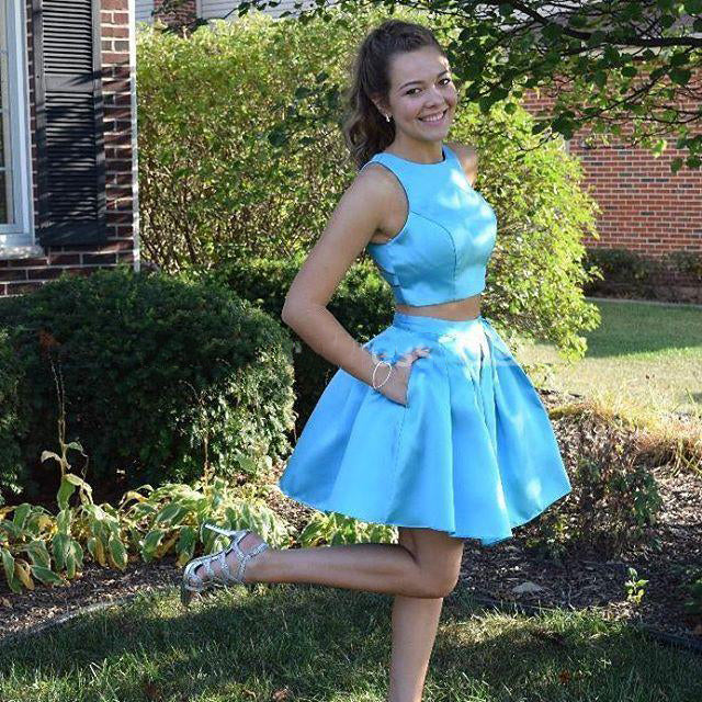 Jewel Sleeveless A Line Two Pieces Homecoming Dresses Kristin Satin Blue Pockets Pleated Short