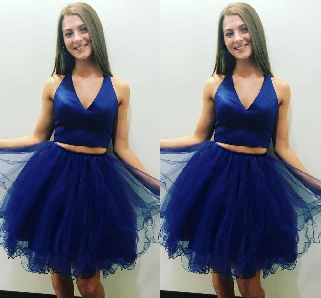 V Neck Sleeveless Royal Blue Two Pieces Homecoming Dresses Joanna A Line Pleated Organza