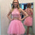 Pink A Line Jess Two Pieces Homecoming Dresses Sleeveless Halter Appliques Organza Backless