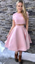 A Line Sabrina Two Pieces Homecoming Dresses Pink Satin Short Sleeve Jewel Pleated