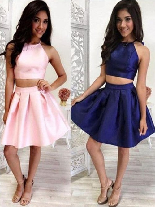 Halter Sleeveless Angelica A Line Two Pieces Satin Homecoming Dresses Short Pleated