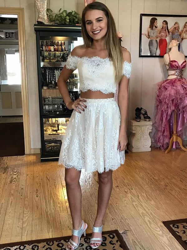 Off Lace Two Pieces Hannah A Line Homecoming Dresses The Shoulder White Appliques Pleated