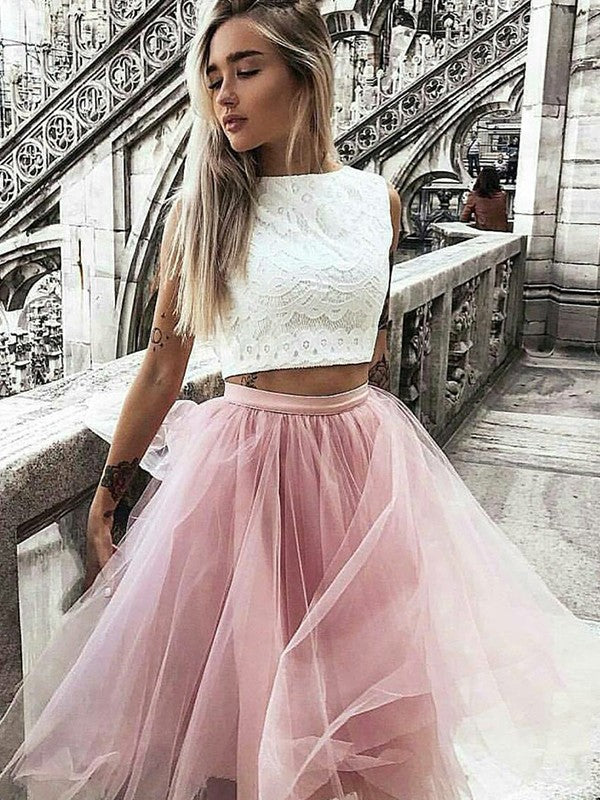 Pink Homecoming Dresses Lace Samara Two Pieces A Line Jewel Sleeveless Appliques Tulle Pleated