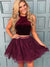 Burgundy Halter Sleeveless Flowers Homecoming Dresses LuLu Lace A Line Two Pieces Beading