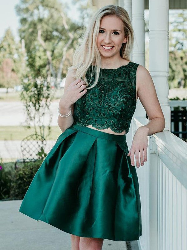 Jewel Ball Gown Sleeveless Dark Green Homecoming Dresses Two Pieces Sabrina Lace Satin Appliques