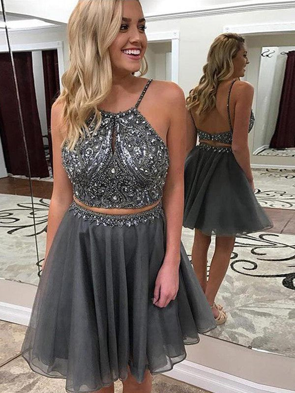 Halter Spaghetti Straps Grey Backless Two Pieces Lilianna A Line Homecoming Dresses Organza Beading