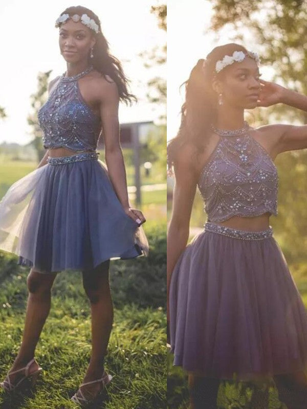Halter Sleeveless Homecoming Dresses Two Pieces Kenzie A Line Pleated Tulle Beading Short